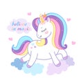 Cute little unicorn princess jumping on clouds. Royalty Free Stock Photo